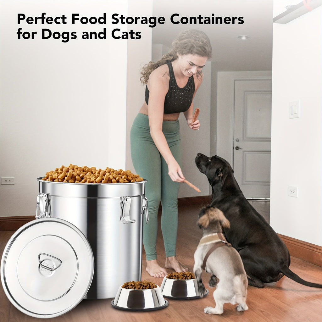 Stainless Steel Airtight Pet Food Storage Container with Scoop & 2 Small Containers - Large Metal Dog & Cat Food Bin, Keeps Food Fresh, 15 lb / 20 lb / 25 lb Capacity Options
