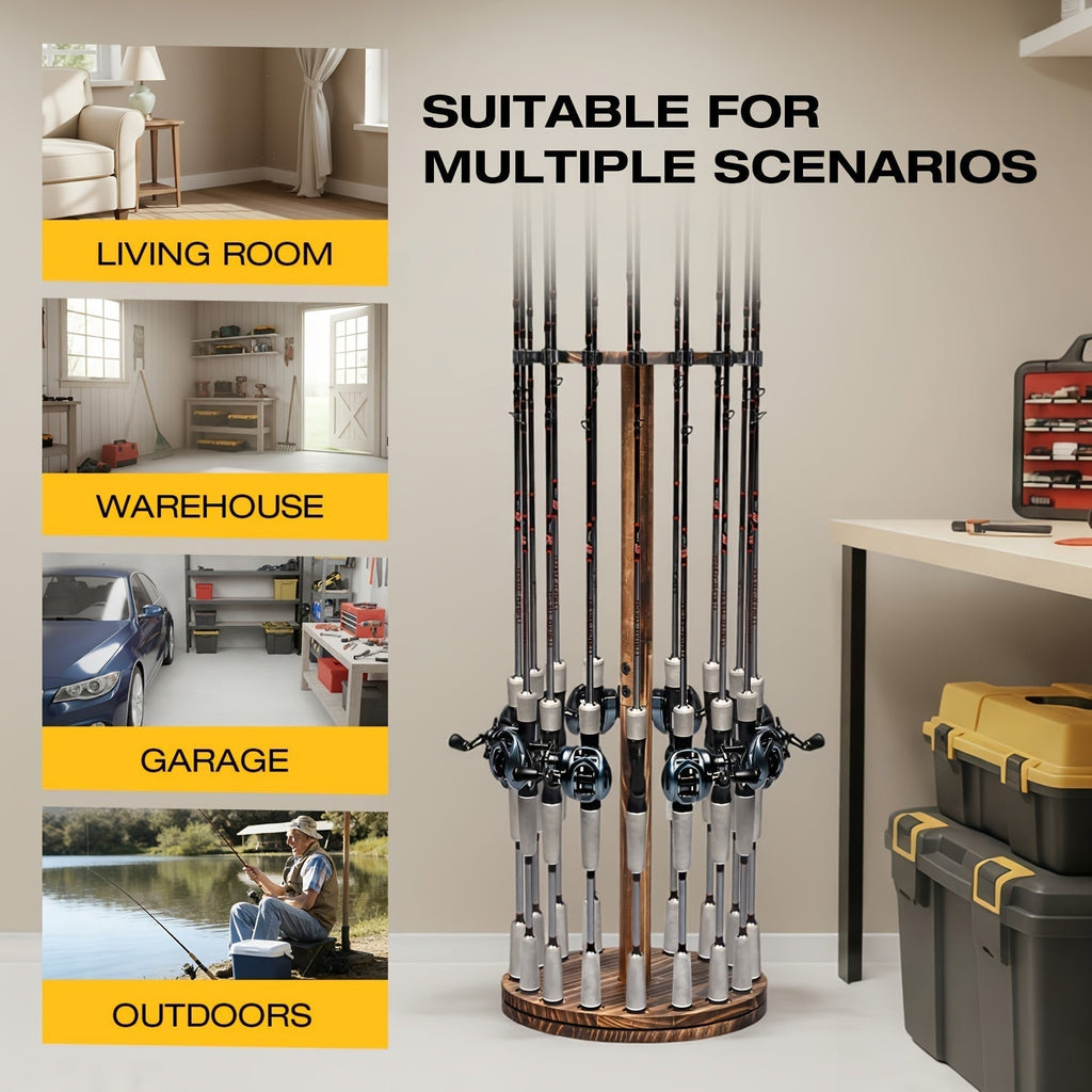 Circular Wooden Fishing Rod Rack Holds 16 Rods Space-Saving Fishing Pole Organizer for Garage Shed Man Cave – 360° Rotating & Fixed Options, Sturdy Wood Construction, Fisherman Gift