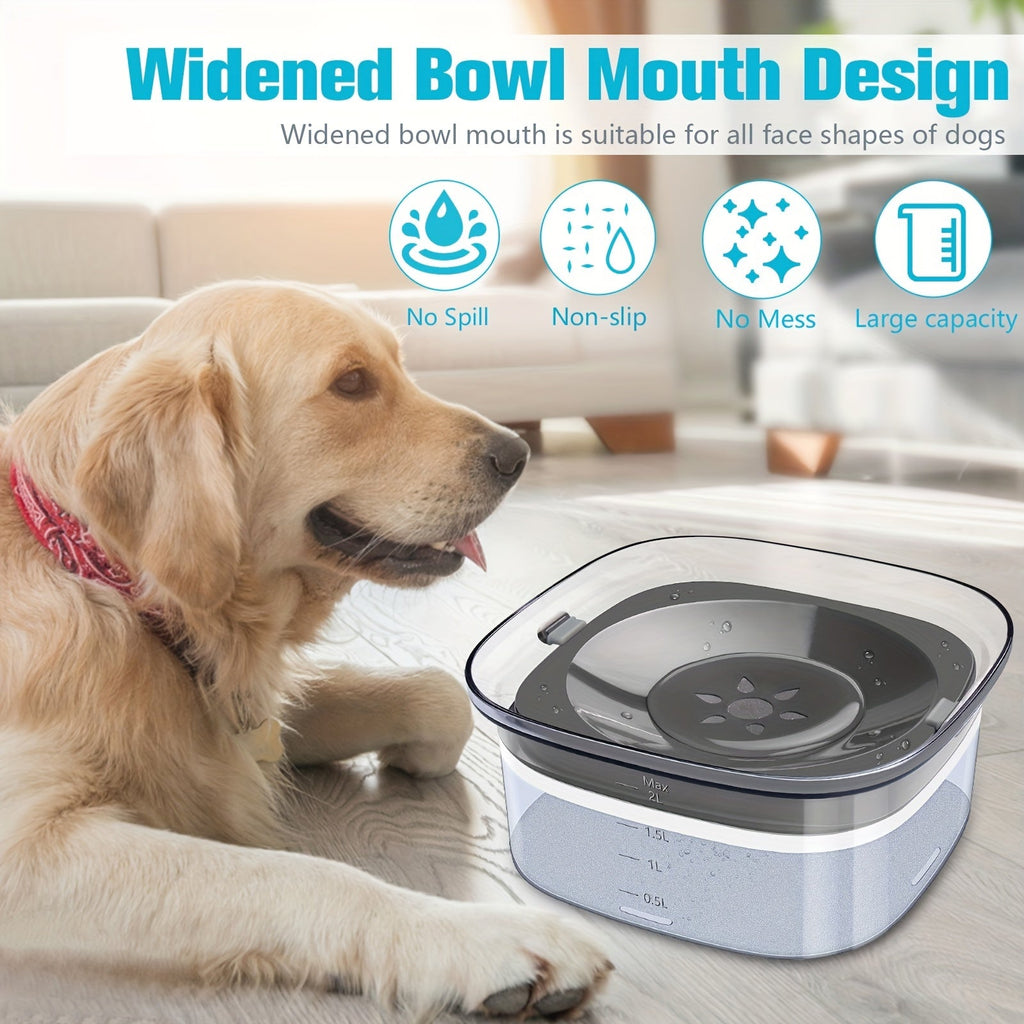 Dog Water Bowl 2L No-Spill Large Capacity – Slow Water Feeder with Transparent Design & Anti-Spill Floating Disk, Spill-Proof Pet Water Dispenser for Dogs and Cats, Easy to Clean Travel Bowl