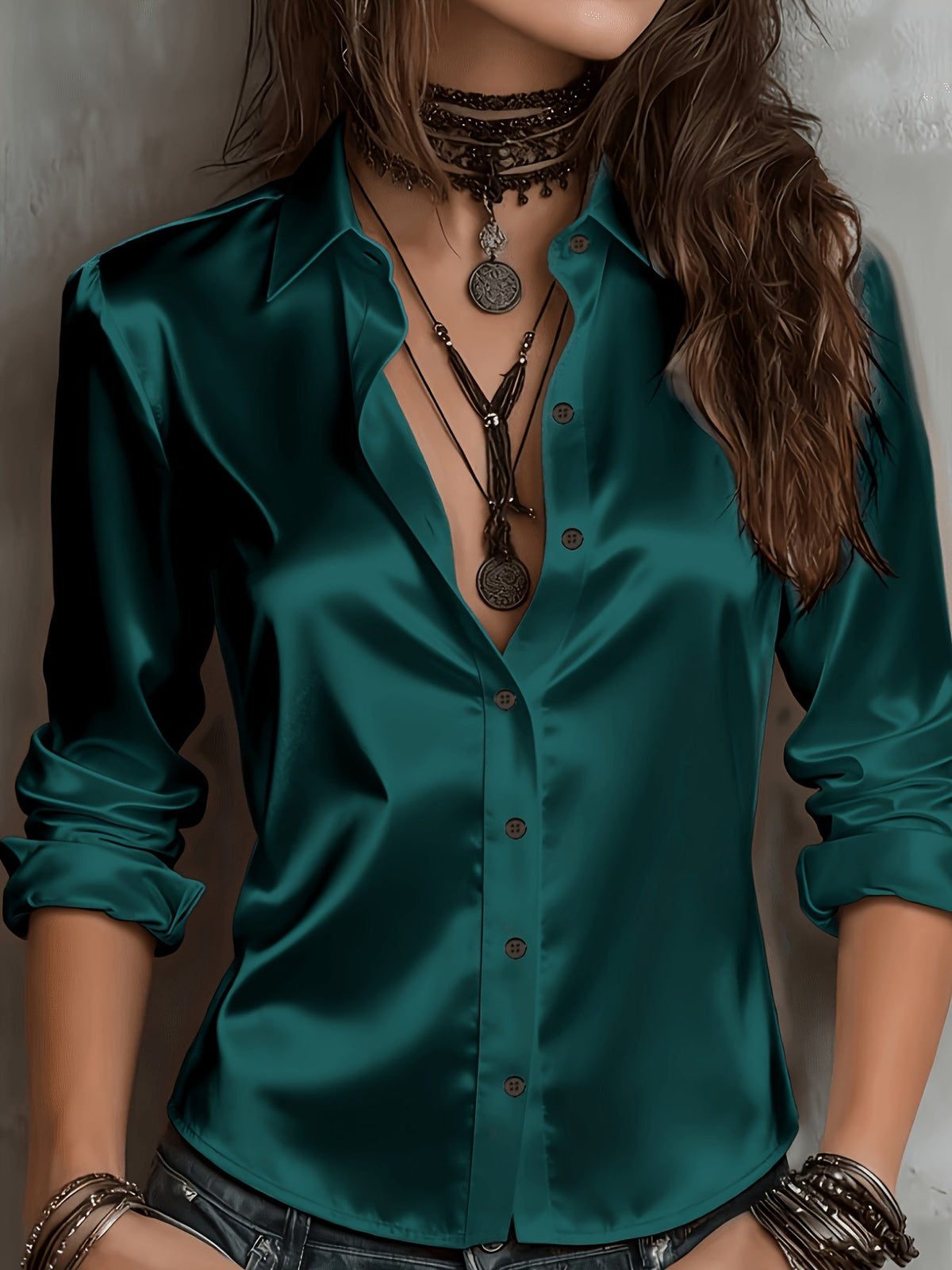 Women's Satin Shirt Elegant Commuter Blouse All Season Temperament Button-Down Top Silky Smooth Office Work Casual Wear S M L XL XXL