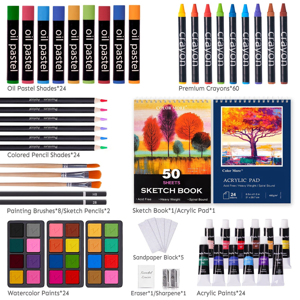 175-Piece Deluxe Art Set in Wooden Case – Complete Art Kit with Drawing Pads, Crayons, Acrylic Paints & Colored Pencils, Professional Artist Supplies Gift for Kids Teens Adults, All Occasions
