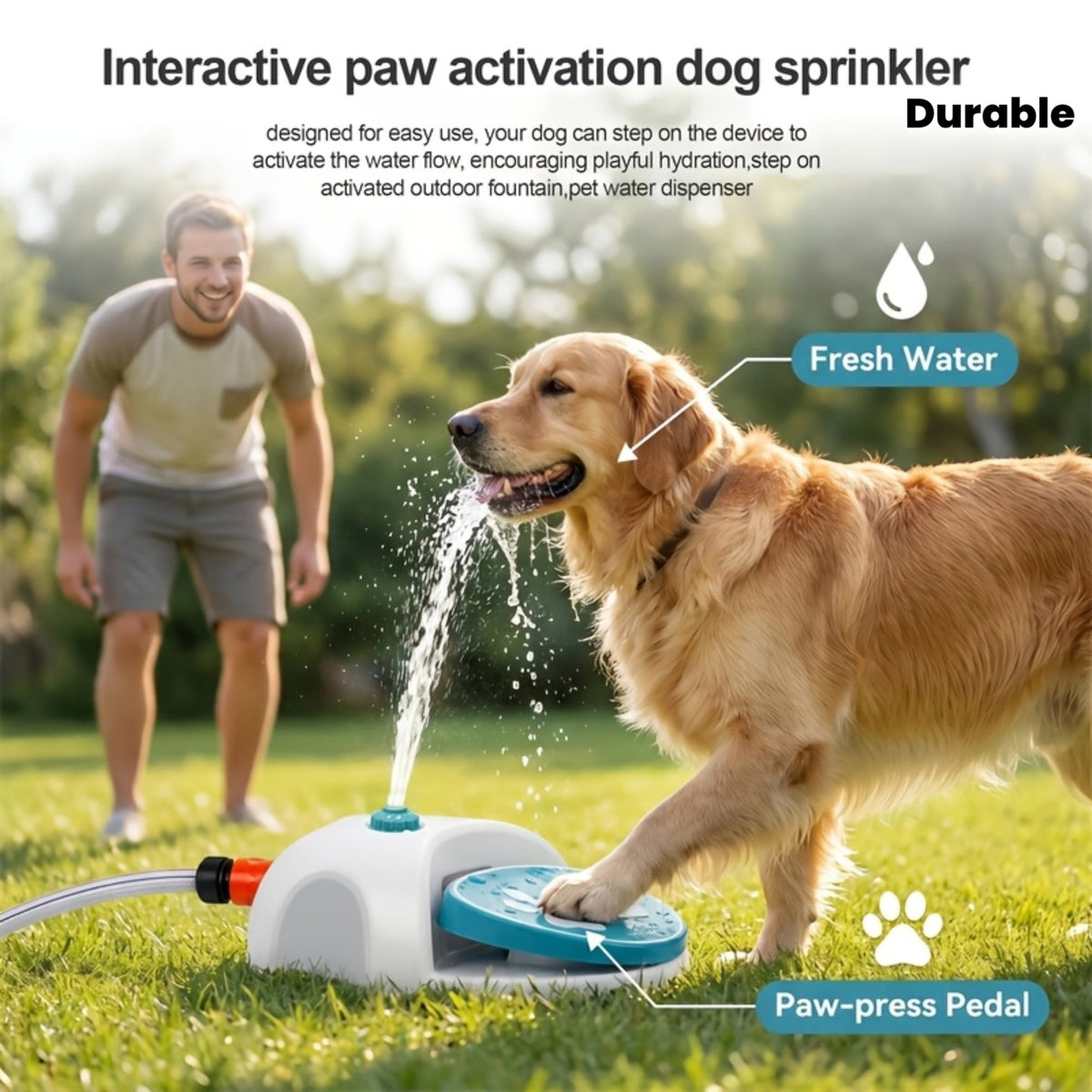Dog Water Sprinkler Foot Treadle Drinking Fountain - Dog-Operated Fresh Water Dispenser with Hose & Connector - Portable Outdoor Dog Water Fountain for Camping Hiking Backyard - Fun Dog Hydration Toy