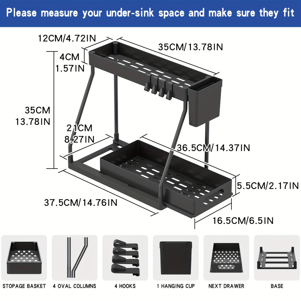 Under Sink Organizer 2-Pack with Sliding Drawer Shelves – Pull-Out Cabinet Storage Rack for Bathroom, Kitchen, Pantry & Vanity, Durable Metal Frame, Space-Saving Organization, Black or White
