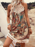 Women's Off-Shoulder Paisley Print Lace Patchwork Midi Dress – Camisole Tie-Back Summer Dress for Vacation, Beach, Travel & Everyday Wear