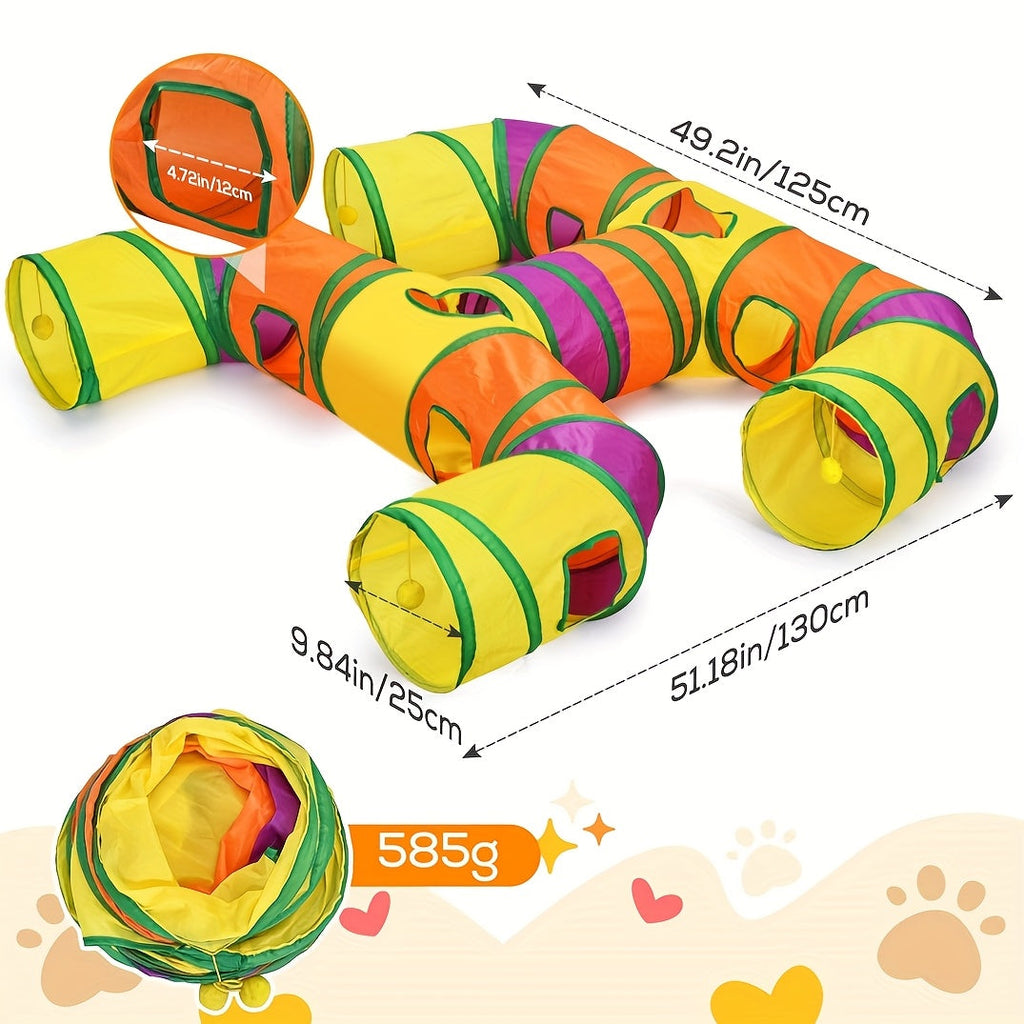 Collapsible Cat Tunnel H-Shape 4-Way with Interactive Play Balls – Washable Tear-Resistant Cat Tube for Indoor Play & Hide-and-Seek, Durable Kitten Entertainment Toy, Iridescent Rainbow & More Colors