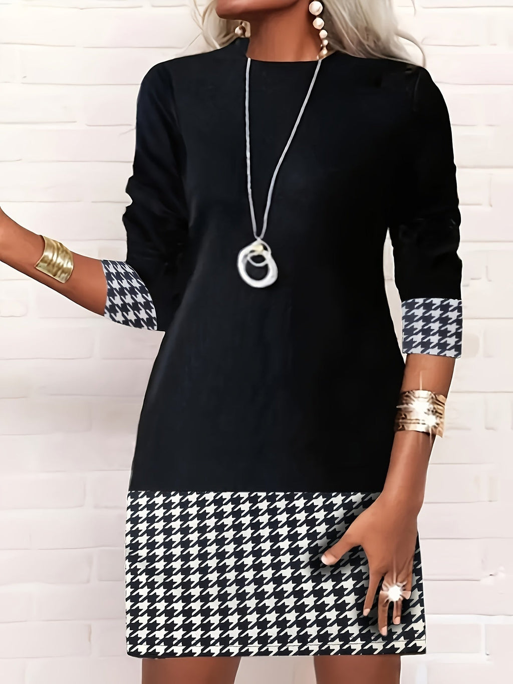 Women's Color Block Print A-Line Dress Long Sleeve Round Neck Bodycon Midi Dress Casual Streetwear Black S-XXL