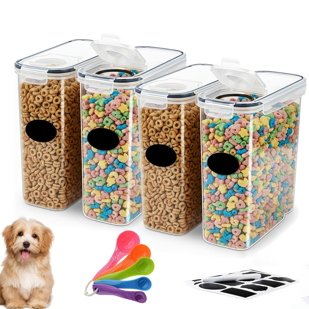 Airtight Food Storage Containers 4 Pack with Colored Spoons - BPA Free Plastic Canisters for Dog Food, Cat Food, Dry Treats, Cereal, Rice, Grains & Bird Food - Kitchen Pantry Organization Set