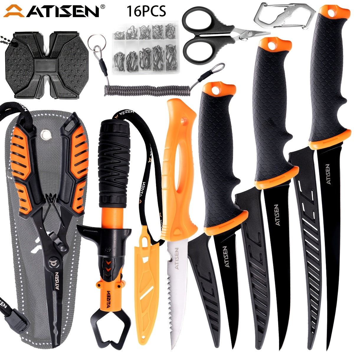Professional Fishing Knife Set 10/16PCS Fillet & Boning Knife with Road Runner Pliers Fish Lip Gripper Knife Sharpener Retractable S-Buckle Harness, Dishwasher Safe V-Grind Blade - Gift for Fishermen