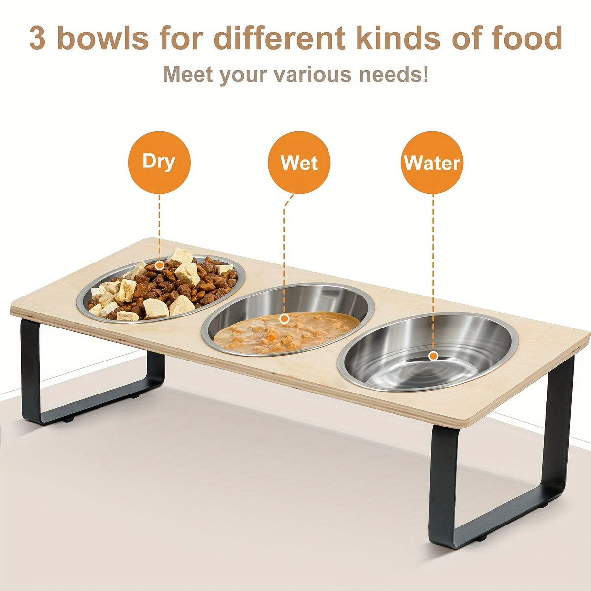 Elevated Cat Bowls with 3 Stainless Steel Bowls - 15° Tilted Anti-Vomiting Raised Pet Feeder Stand for Cats & Small Dogs, Whisker-Friendly Angled Food & Water Dish Set, Modern Pet Feeding Accessory
