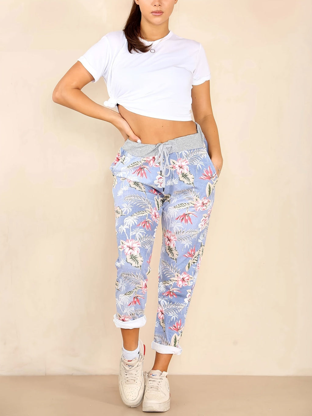 Floral Print Drawstring Capri Pants for Women - Boho Cropped Pants with Stretch Fabric, Spring Summer Fall, S-XXL