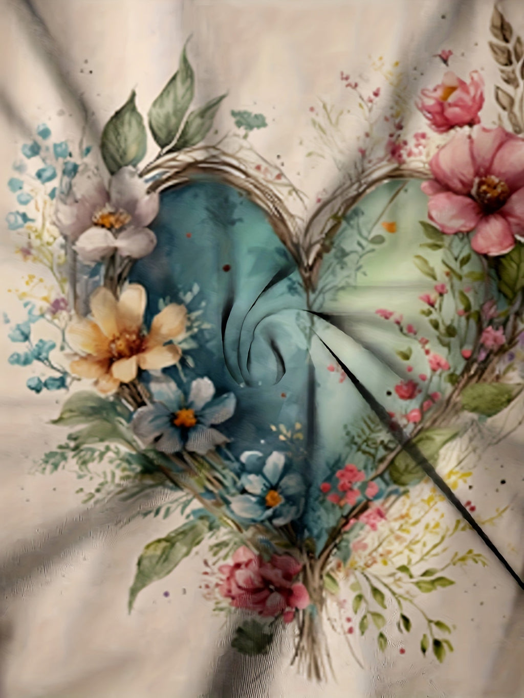 Floral Heart Print T-Shirt Women Watercolor Flower Graphic Tee Short Sleeve Crew Neck Loose Casual Top Spring Summer Off-White S-XXL