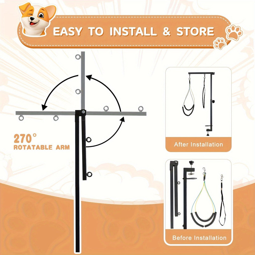 Dog Grooming Arm with Clamp Adjustable Foldable - 2-in-1 Haunch Holder & Loop Noose for Grooming Table, Height 20-33 Inches, Portable Pet Grooming Restraint Arm for Small Dogs & Puppies, Table Not Included