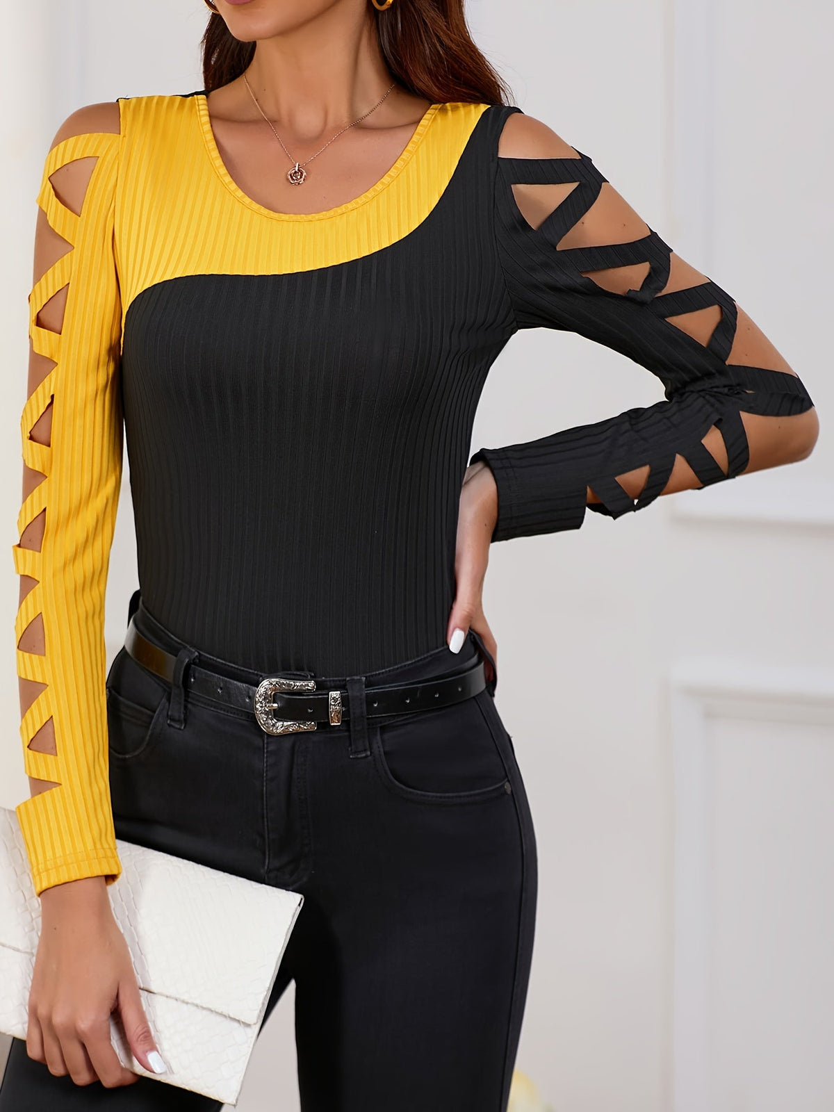 Women's Asymmetrical Two-Tone Long Sleeve Round Neck Shirt - Color Block Knit Top for Spring Summer Fall Casual Office Daily Wear
