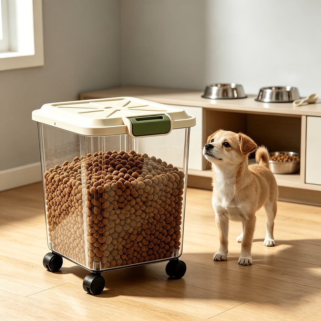 Rolling Pet Food Storage Container with Airtight Lid – Transparent Wheeled Food Bin for Dog Cat Food, Rice & Flour, 3 Capacity Options 5.5–33 lbs, Bonus Feeder Included