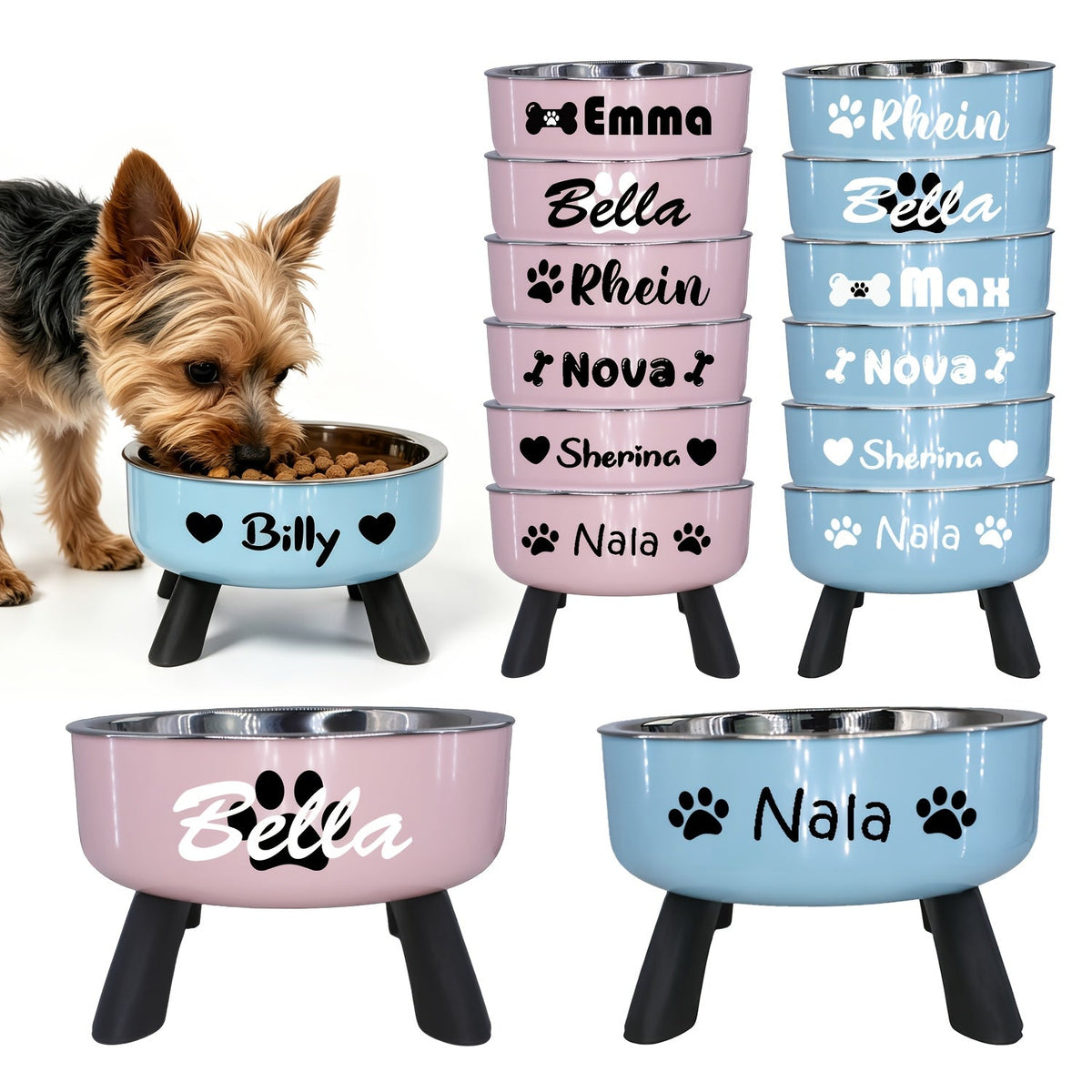 Personalized Stainless Steel Elevated Pet Bowl for Small Dogs – Anti-Slip Raised Feeder with Custom Name & Pattern, Neck Protection Design, Easy Clean Dog Food Water Dish