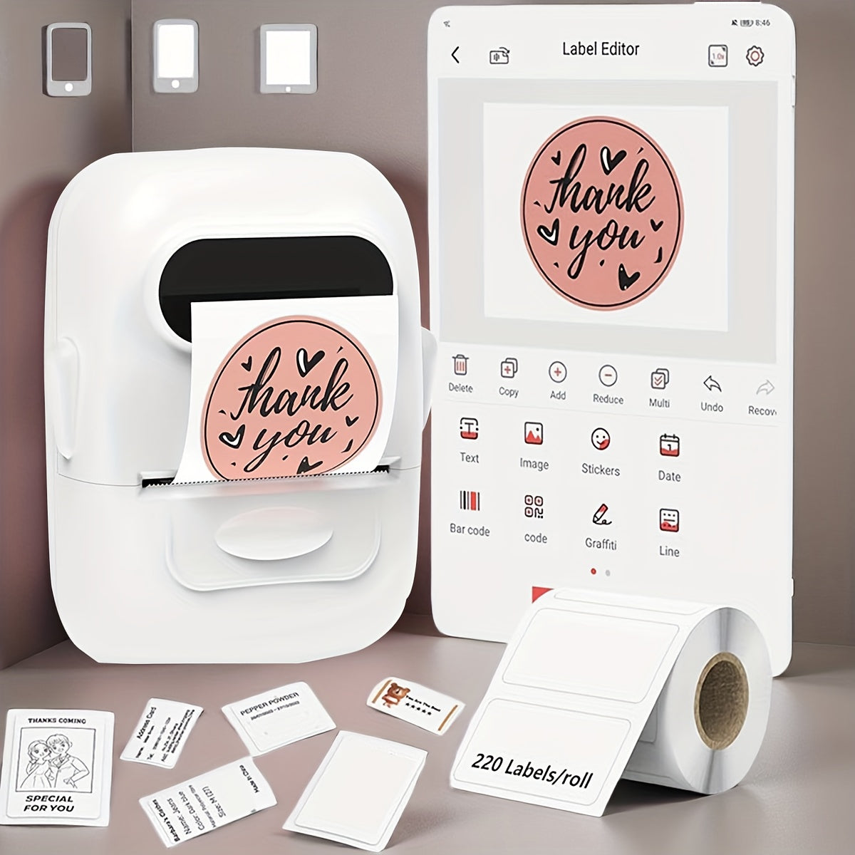 Wireless Thermal Label Maker – No Ink Required, Multiple Templates, Bluetooth Label Printer for Storage Organization Home Office School Supplies, Pink White Blue