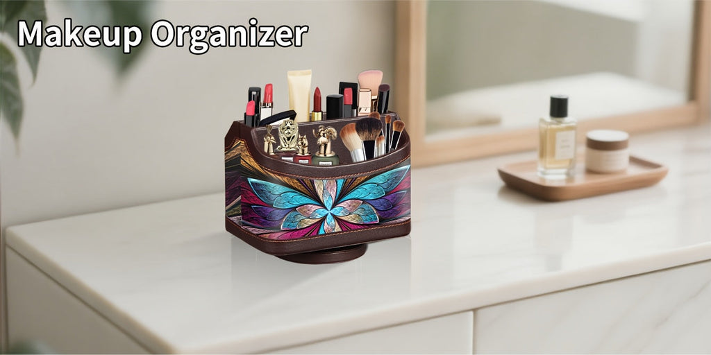 360° Swivel Remote Control Holder – 5-Compartment PU Leather Desk Organizer for TV Remotes, Phones, Eyeglasses, Pens & Office Accessories, Rotating Desktop Storage Caddy