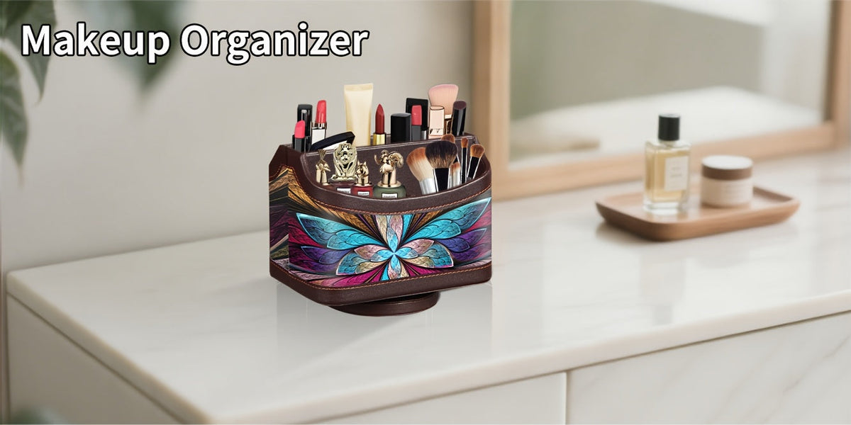 360° Swivel Remote Control Holder – 5-Compartment PU Leather Desk Organizer for TV Remotes, Phones, Eyeglasses, Pens & Office Accessories, Rotating Desktop Storage Caddy