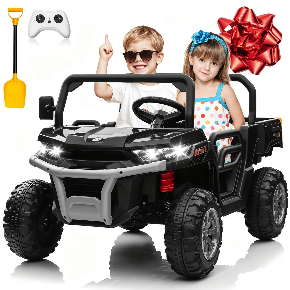 24V Kids Ride-On Dump Truck with Motorized Lifting Bed, Detachable Trailer & Bluetooth Music – Electric Quad Vehicle for Boys & Girls Ages 3-8, Forward/Reverse, Wear-Resistant Wheels