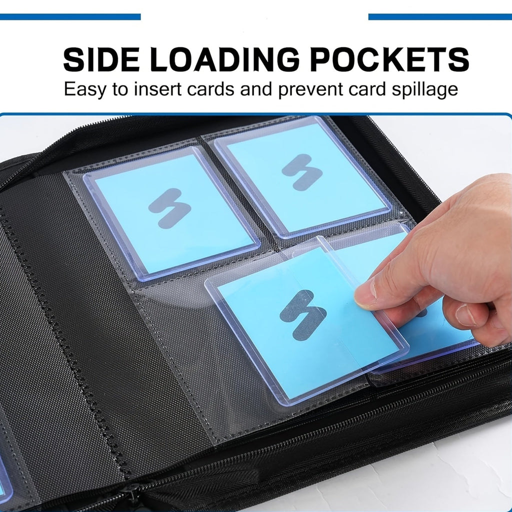 Top-Loader Binder Holds 112 Top Loaders – 4-Pocket 3x4 Rigid Card Holder Binder for Trading Cards & Sports Cards – Zippered Hard Cover Card Storage & Display Album – Green Gray Blue Red Black