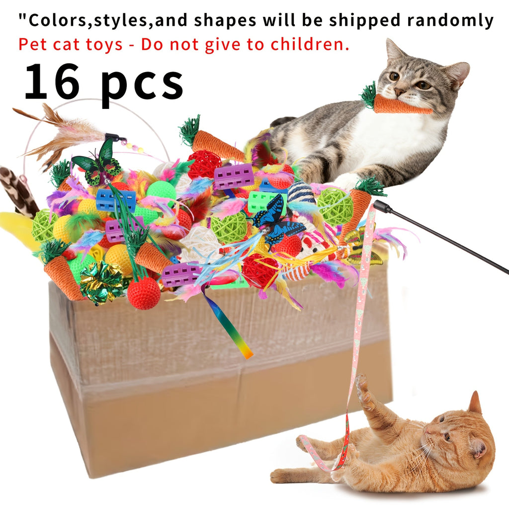 Mixed Cat Toy Set 16/32/64/200pcs - Assorted Interactive Plastic Feather & Polyester Toys for Cats, Random Colors & Styles, Bulk Cat Toys for Multiple Cats & Kittens, Daily Playtime Variety Pack