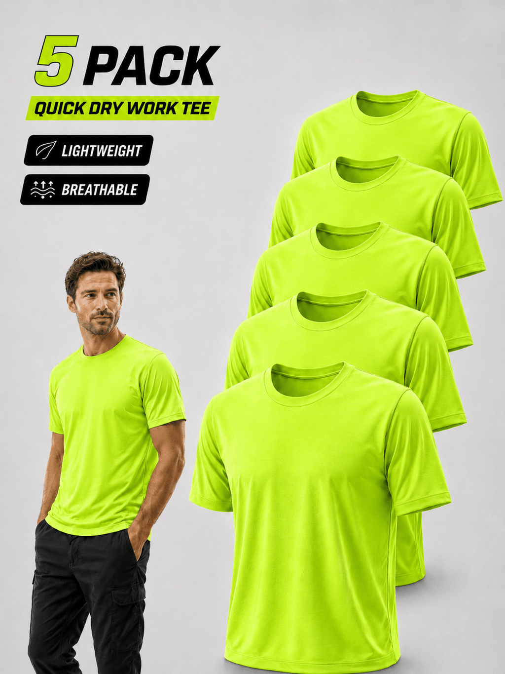 5-Pack Men's UPF 50+ Safety Work Shirts – Quick Dry Breathable Performance Tees for Outdoor Jobs, Fluorescent Yellow High Visibility, S-XXXL, Gift for Dad