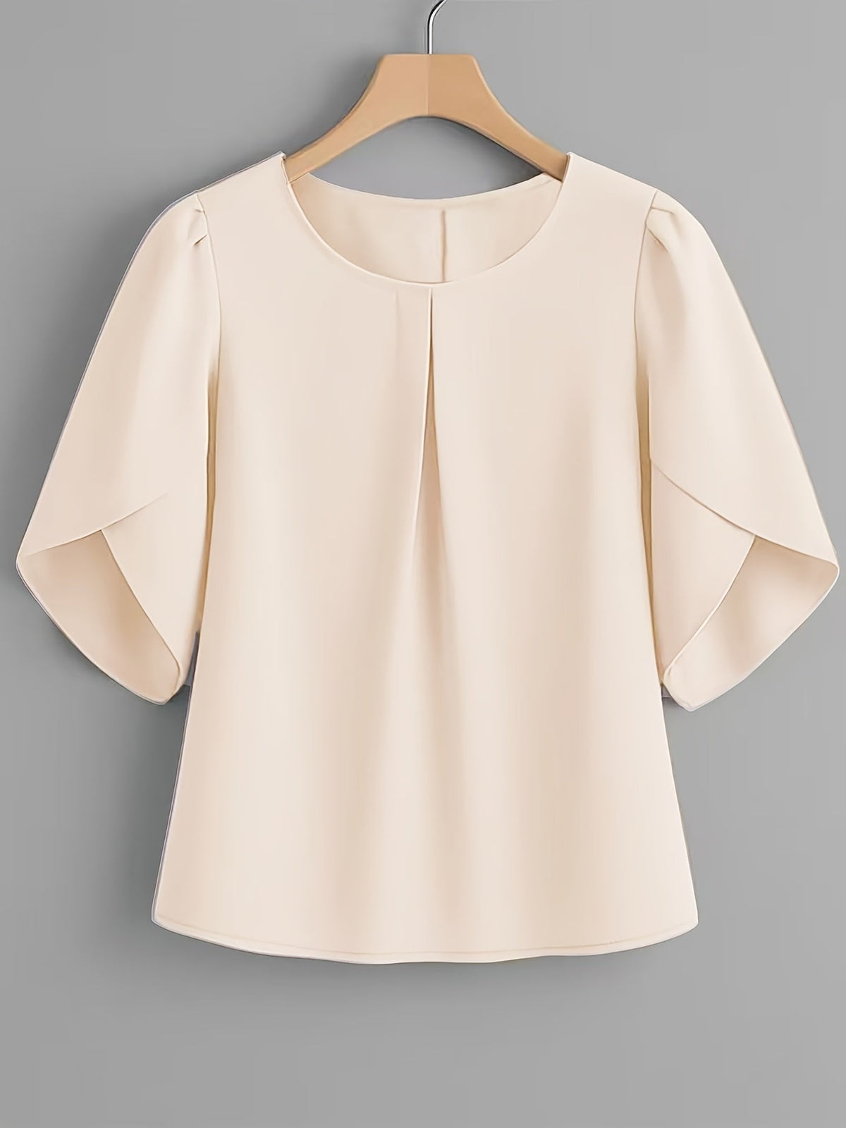 Women's Chest Pleated Ruffle Cuff Short Sleeve Blouse – Elegant Semi-Sheer 100% Polyester Woven Crew Neck Split Sleeve Fashion Shirt