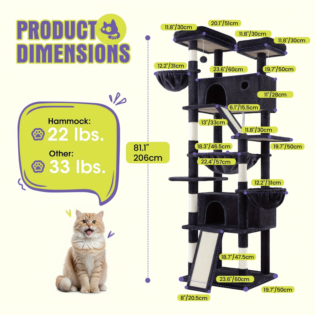 WEEWAY Corner Cat Tree Tower for Indoor Cats 36–81 Inch – Multi-Level Cat Furniture with Sisal Scratching Posts, Condo Cave, Hammock, Ramps, Plush Perches, Basket & Pompom Toys, Perfect Cat Gift