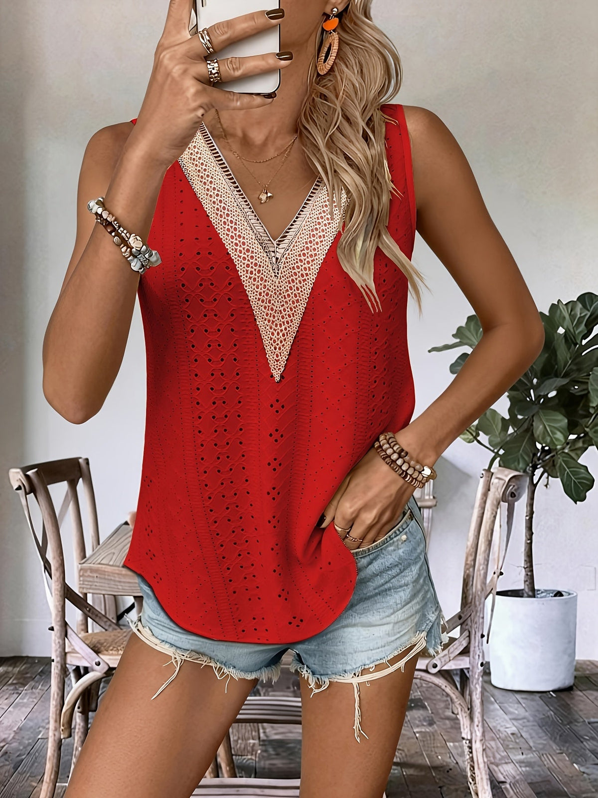 Women's Sleeveless Vest Top V-Neck Embroidered Patchwork Casual Fashion Blouse Spring Summer Tank Top Shirt for Women S M L XL XXL