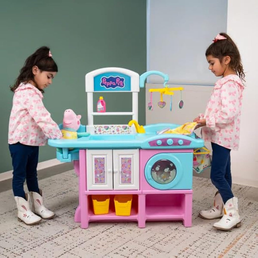 Peppa Pig Baby Evie 2-in-1 Nursery & Laundry Playset for Girls Ages 3+, Includes 8" Baby Evie Plush, High Chair, Play Washing Machine, 3 Outfits & Accessories - Official Licensed Role Play Pretend Toy Gift