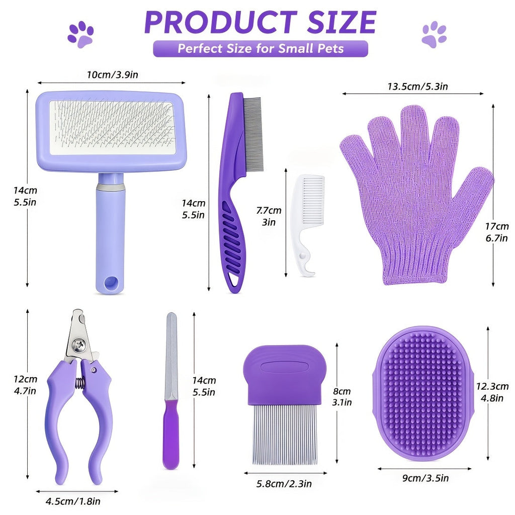 8-Piece Pet Grooming Comb Set for Dogs, Cats & Small Animals - Complete Long & Short Hair Care Kit, Multi-Function Grooming Combs for All Coat Types, Home Grooming Essential (Purple)