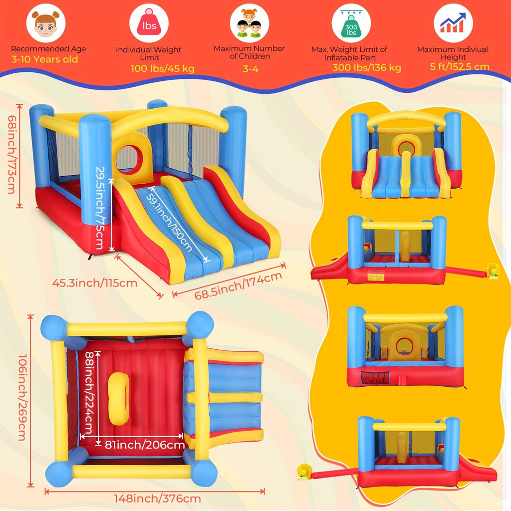 Inflatable Bounce House with Blower for Kids 3-10, 12x9FT Large Backyard Bouncy Castle with Double Slide & Dual Slide, Obstacle Course, Big Bounce Area, Indoor Outdoor Jumper for Birthday Party – Red Blue Yellow