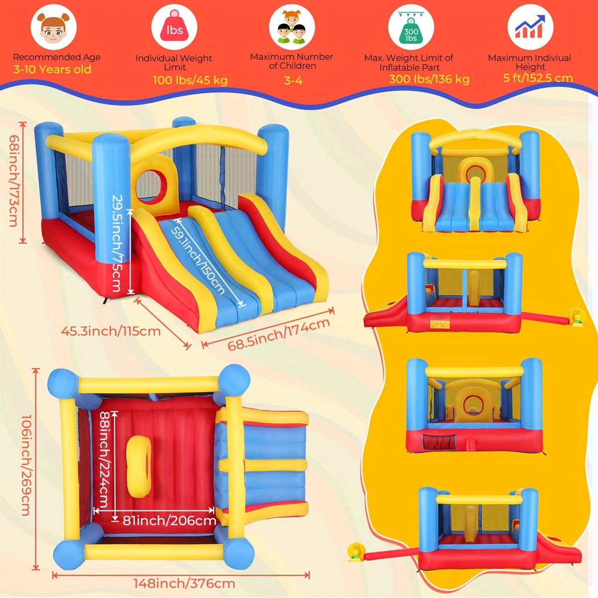 Inflatable Bounce House with Blower for Kids 3-10, 12x9FT Large Backyard Bouncy Castle with Double Slide & Dual Slide, Obstacle Course, Big Bounce Area, Indoor Outdoor Jumper for Birthday Party – Red Blue Yellow