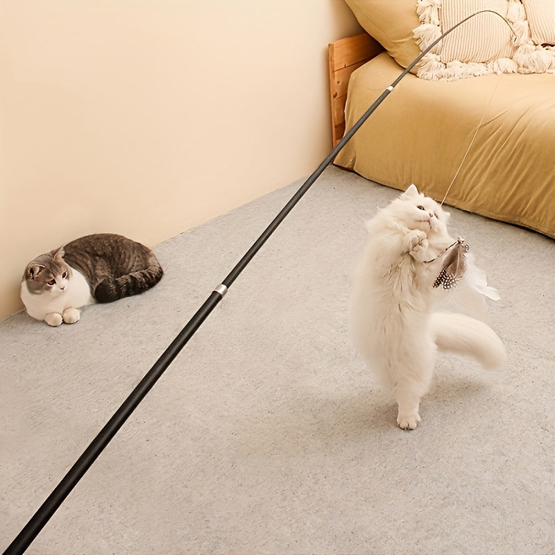 Retractable Cat Teaser Wand 1M Telescopic Stick with Feathers, Bells & Glitter Ribbon Refills – Durable Chew-Resistant Interactive Cat Toy for Indoor Kittens, Interchangeable Heads, Fun Wand Play