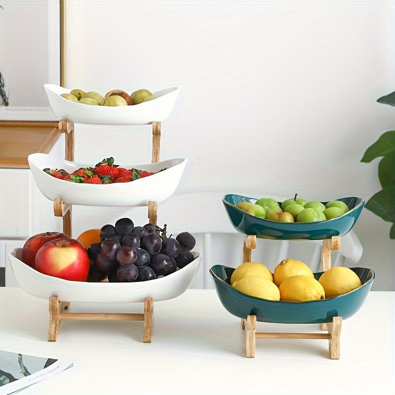2-3 Tier Fruit Bowl Stand for Kitchen Counter – Tiered Fruit Basket with Bread Tray & Candy Display, Space-Saving Countertop Organizer for Living Room, Easy Assembly, Great Birthday & Mother's Day Gift (White/Green)