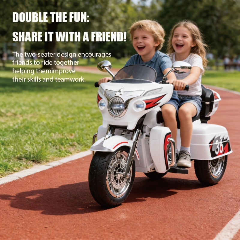 12V Kids Electric Motorcycle 2-Seat Ride On Motorbike with 3 Wheels Bluetooth USB LED Light Storage Box Safe Durable for Boys Girls Ages 3 to 8 Birthday Christmas Gift Black White Red