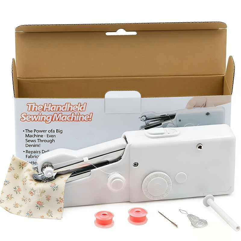 Compact Handheld Sewing Machine Kit Portable Battery Powered with Needles Bobbins Thread Spool Needle Threader and Fabric Sample – Quick Repair Tool for Clothes Garments Curtains and DIY Sewing Projects