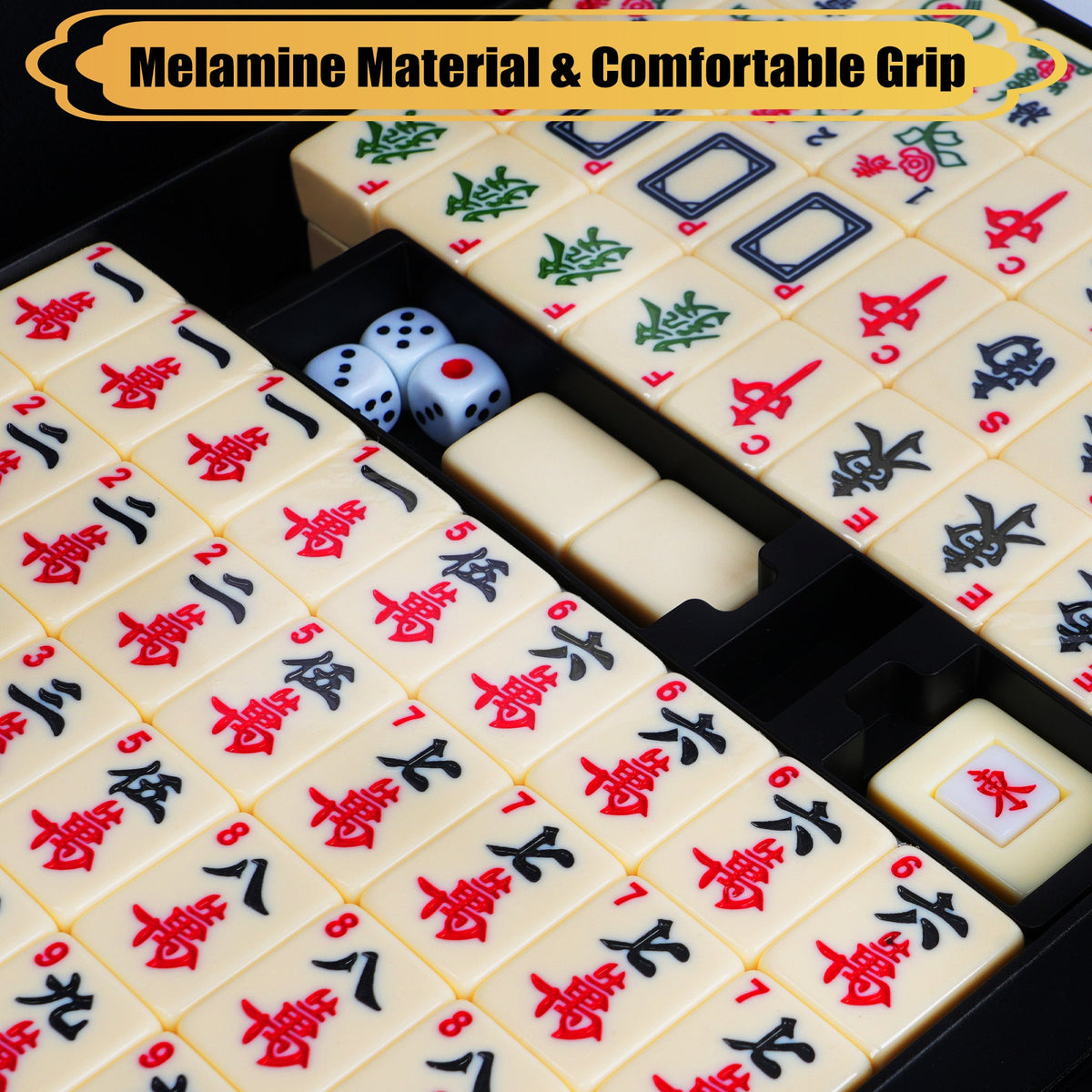 36mm Mahjong Set 146 Melamine Tiles with Carrying Case - Full Size 1.4 Inch Ivory White Tiles, Arabic Numerals, Dice, Wind Suit & Instructions, Family Game Night Gift for Adults