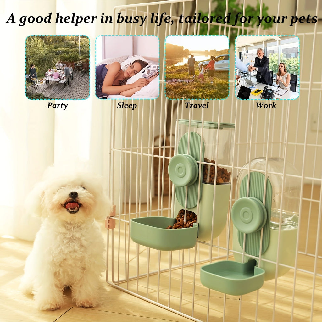 Hanging Cage Pet Feeder & Waterer Set 35oz - Auto Gravity Food & Water Dispenser for Cats Dogs Rabbits Chinchillas Ferrets Hedgehogs - Battery-Free Cage Mount Feeding Station for Small Animals (Green)
