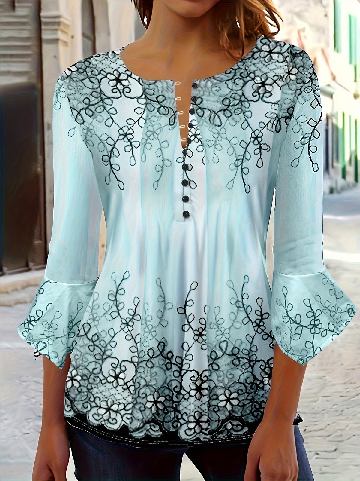 Floral Print Button-Front Blouse Women Ruffle Flare Sleeve Casual Tunic Top Soft Stretch Knit Fabric Spring Summer Fall S-XXL Machine Washable