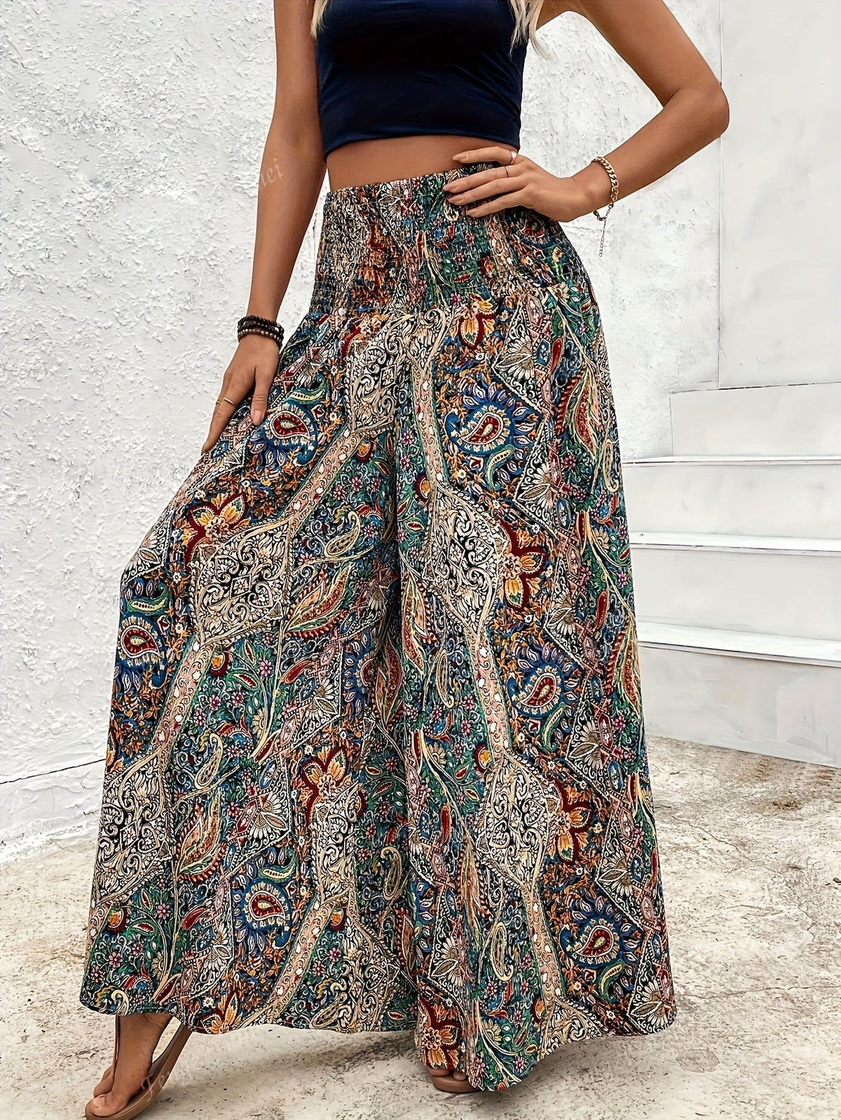 Women's Bohemian Wide Leg Pants High Waist Elastic Waist Paisley Floral Print Casual Flowy Trousers Spring Summer Fall S M L XL Multicolor