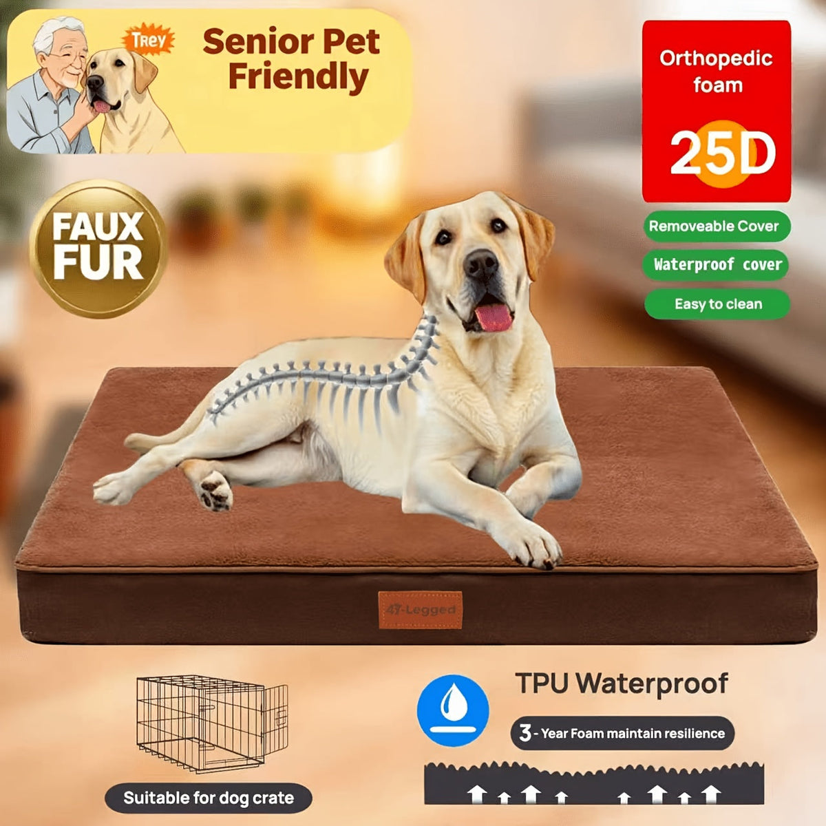 Orthopedic Memory Foam Dog Bed for Medium Dogs – Thickened Pet Mattress with Non-Slip Moisture-Proof Bottom, Removable Washable Zipper Cover, Joint Support Dog Bed for Indoor Use