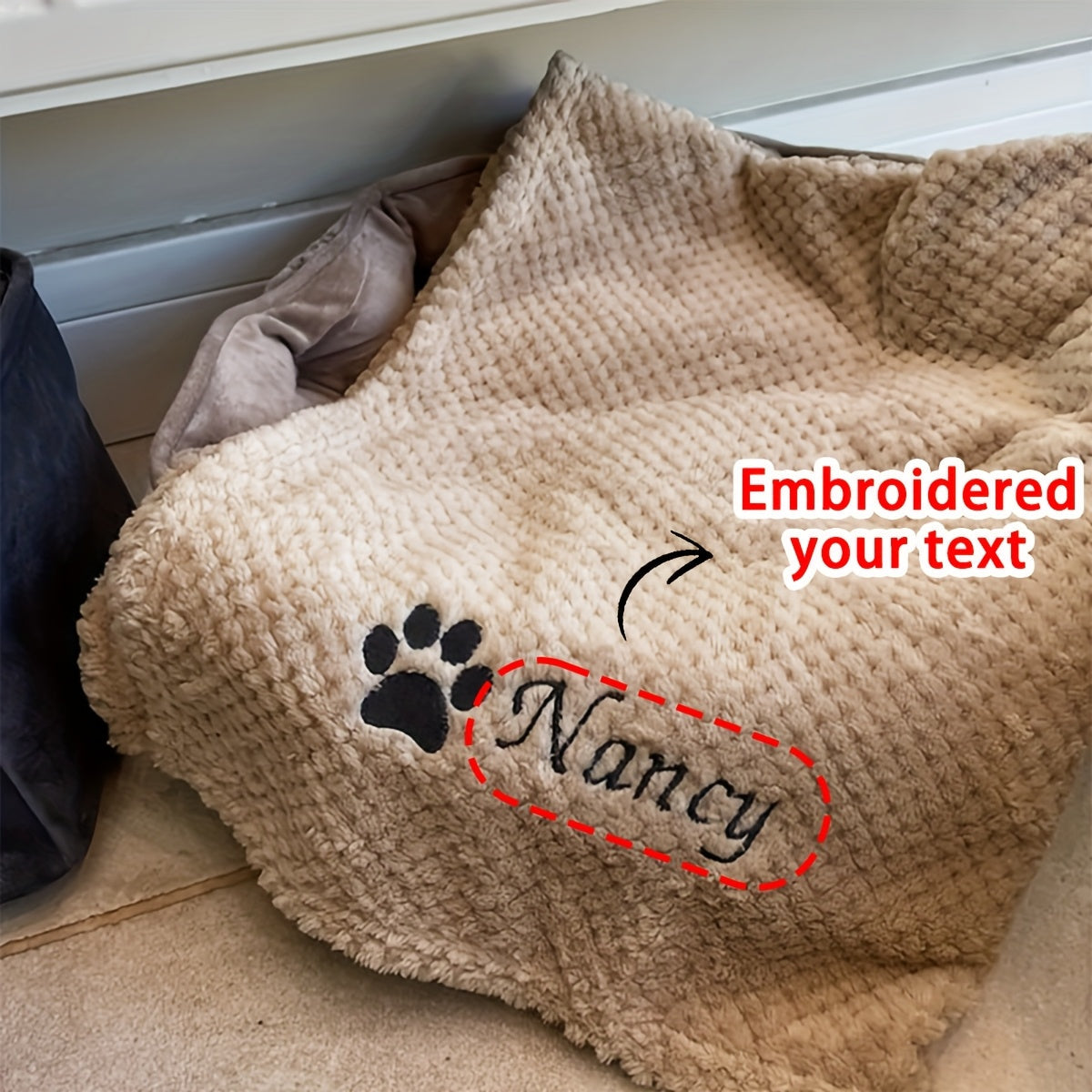 Personalized Pet Blanket Custom Embroidered with Name - Plaid Throw Blanket for Dogs & Cats, Cozy Machine Washable Bedspread for Bed & Couch, 3 Embroidery Styles 4 Colors - Puppy & Kitten Gift