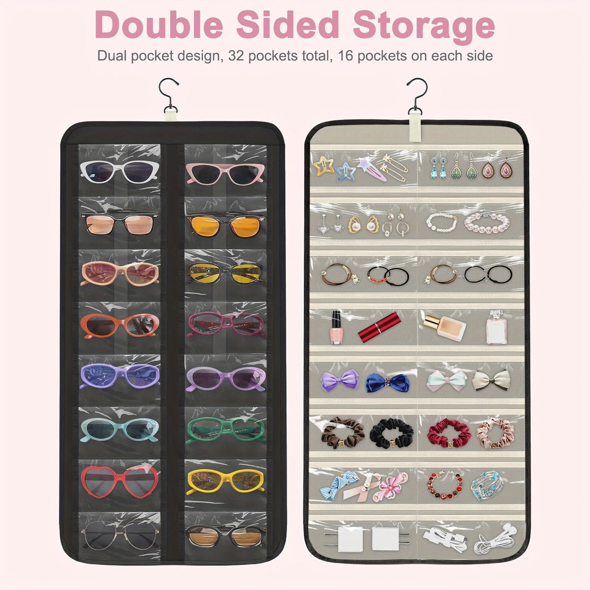 32-Slot Hanging Glasses Organizer – Double-Sided Wall Mount Sunglasses & Eyeglasses Holder with 360° Rotatable Hook, Dustproof Clear PVC Slots for Jewelry, Watches & Headbands, Travel Friendly