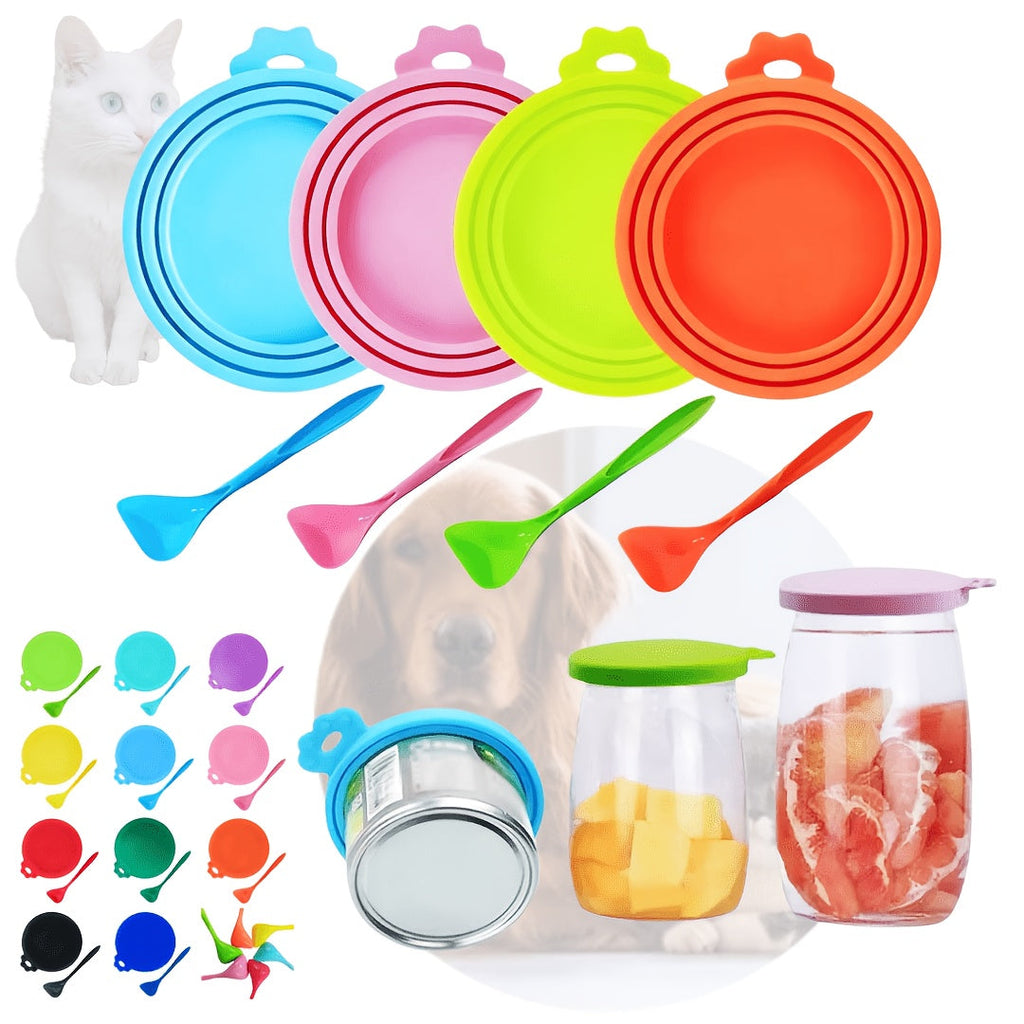 Silicone Pet Food Can Lid with Spoon 6-Piece Set - 3 Sizes Universal Fit Reusable Can Cover for Dog & Cat Wet Food, Keep Food Fresh Airtight Seal, BPA-Free Pet Feeding Spoon Combo, Random Colors