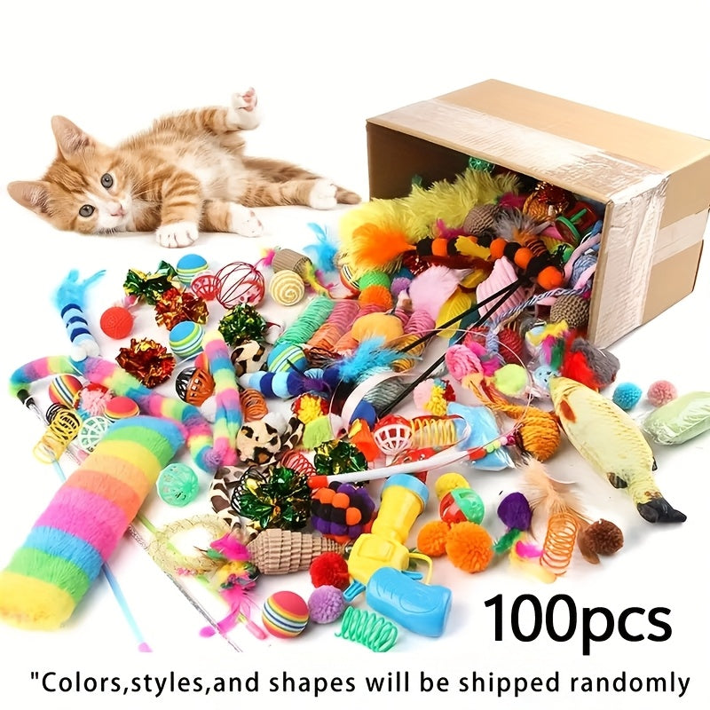 Cat Toy Mixed Bag 100 Pack - Random Variety of Plastic & Plush Toys with Feathers for Cats, Multi-Cat Household Interactive Self-Entertainment Toy Assortment, Kitten Play Set
