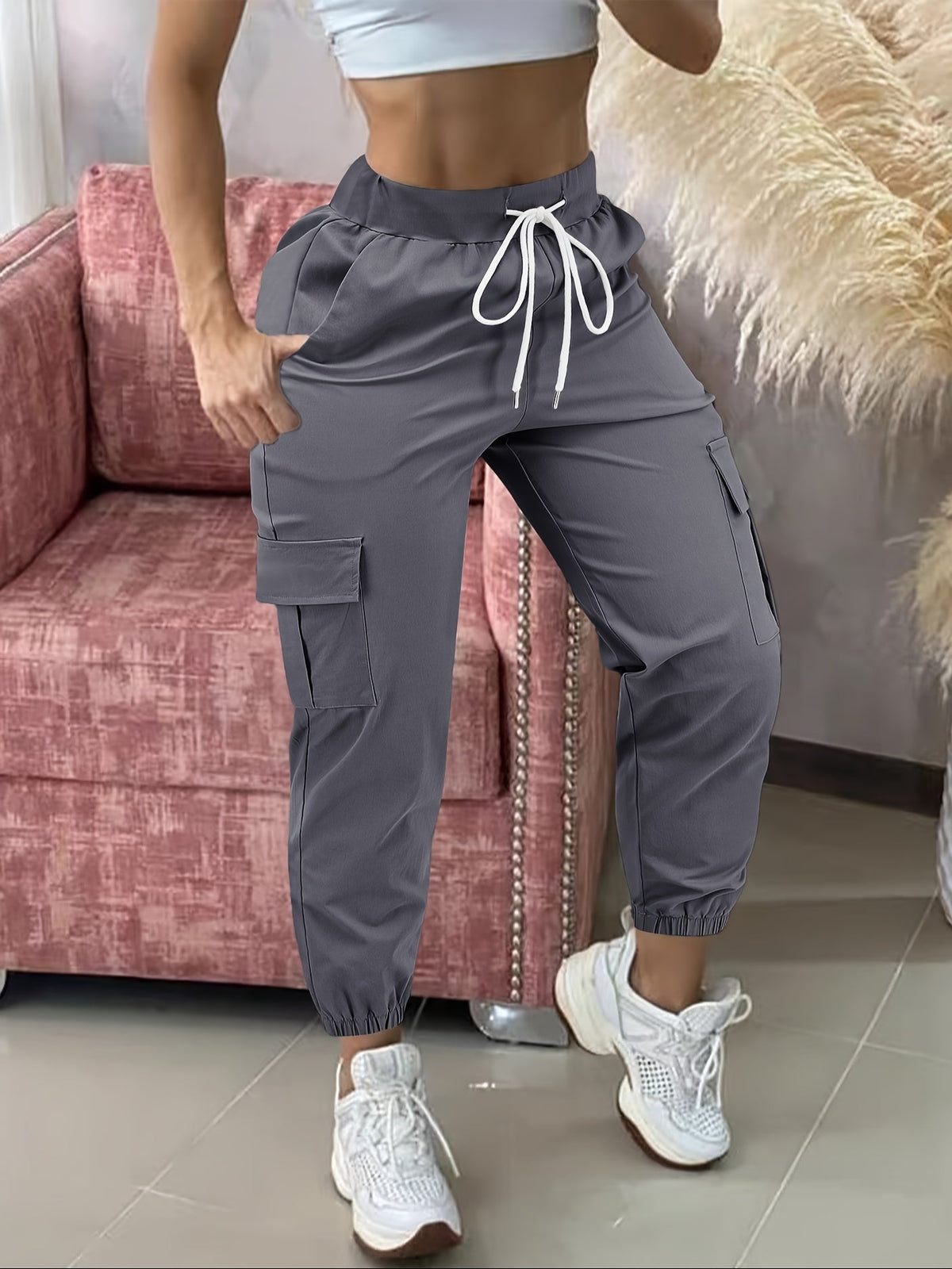 Cargo Pants Women Drawstring Waist Multiple Pockets Frayed Hem All-Season Comfort Fit Casual Wear - Black Khaki Olive Grey Navy Dark Gray S M L XL XXL Woven Stretch Fabric