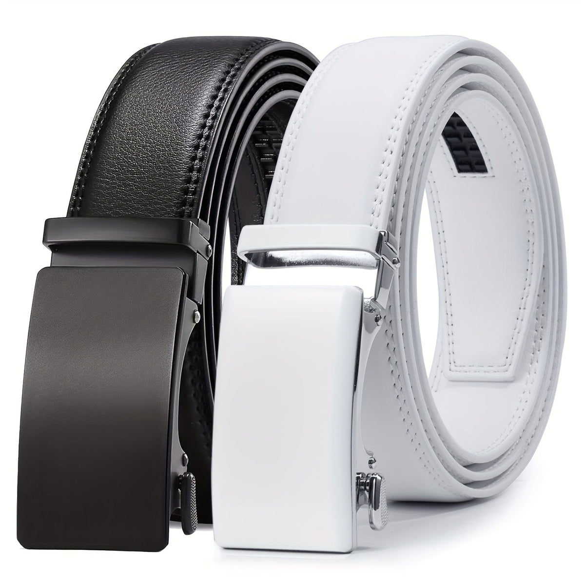 Men's Ratchet Belt 2 Pack Leather – Trim-to-Fit Adjustable Dress and Casual Belt for Men Waist 28" to 52" Black Brown Tan Navy Blue Gift