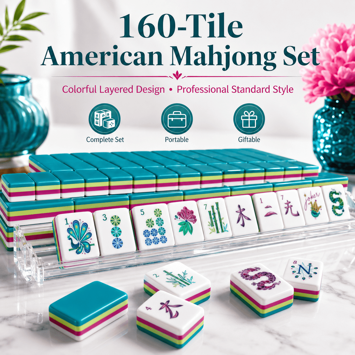 160-Tile American Mahjong Set with 4 Dice & Peacock Artwork – Colorful Layered Glossy Tiles, Tabletop Board Game for Family Game Night, Friends Party, Holiday Gift Idea for Adults
