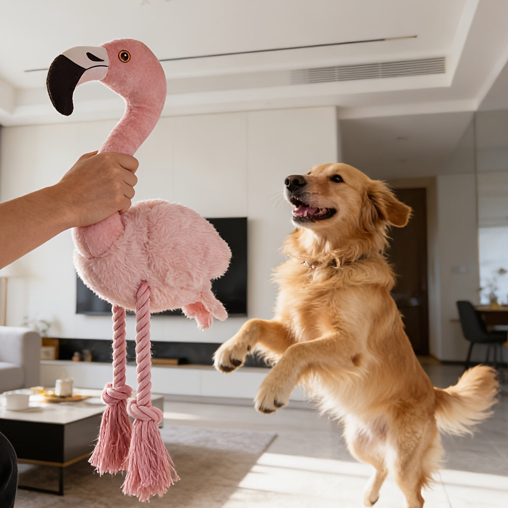 Flamingo Dog Squeaky Toy - Double Layer Tear-Resistant Plush with Built-In Squeaker, Rope & Tassel, Large Interactive Tug Chew Toy for Anxiety Relief, Dental Health, Adult & Puppy Dogs